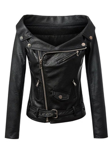 Veste noire PU cuir Off-the-Shoulder ceinturé court Moto pour femme
