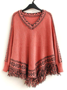 Glands Design irrégulier tricots Jacquard v-Neck Poncho chandails femmes