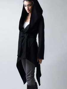 Manteau de laine noire à capuchon irrégulier Design Wrap occasionnels manteau féminin avec ceinture
