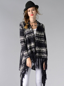 Cardigan rayé à manches longues col Turndown chandail deux tons des femmes avec frange