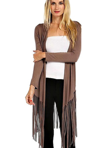 Brun Cardigan manches longues ouvertes avant pull femmes avec frange