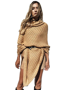 Poncho chandails col montant irrégulier Design élégant tricots féminines avec ceinture