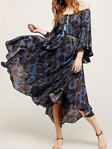 Off-the-shoulder volants en mousseline de soie robe longue Bohème manches longues imprimé Floral rob
