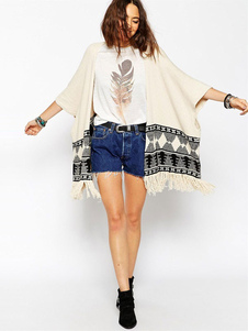 Cardigan Bohème Ecru femme blanc demi-manchon Jacquard maille avant ouverte avec frange