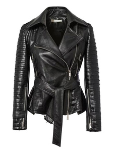 Style Punk veste courte noir féminin avec ceinture veste Moto PU cuir plissé