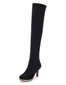Bottes noires talon genou longueur Suede plate-forme ronde Toe talon haut haute bottes femmes