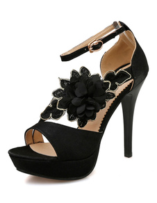 Noires sandales plate-forme des femmes fleurs chaussures de haut talon cheville sangle