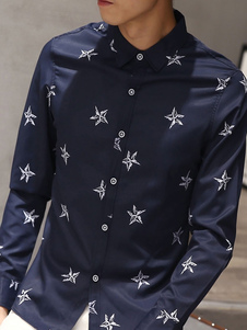 Chemise manches longues coton bouton imprimé étoiles Casual chemise hommes bleue