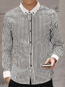 Noir chemise bande coton bouton Casual chemise à manches longues hommes