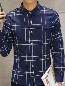 Chemise manches longues Plaided coton bouton Casual chemise hommes bleue