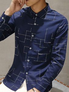 Blanc/bleu chemises hommes imprimé manches longues Slim Fit coton chemises sport