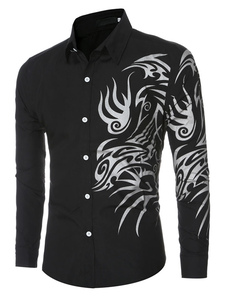 Noir chemise coton bouton imprimé Casual chemise à manches longues hommes