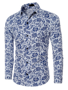 Chemise coton bleu hommes Floral imprimé chemise à manches longues occasionnels