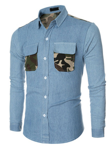 Chemises bleues manches longues Camouflage poches Slim Fit coton chemises sport hommes
