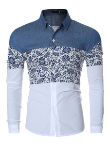 Denim bloc rouge/bleu chemises hommes imprimé chemises Slim Fit coton Casual manches longues