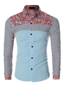 Chemises de coton pour hommes manches longues rayures Slim Fit imprimer chemises sport en rouge/bleu