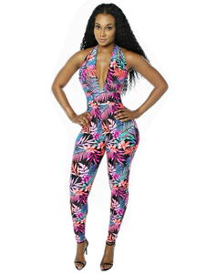 Plongeant Backless lilas Long Jumpsuit Jumpsuit imprimé floral féminin