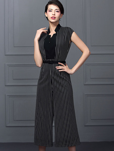 Noir rayé Jumpsuit en v-Neck taille haute & pantalons jambes larges