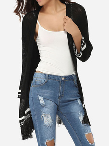 Cardigan noir femmes glands 3/4-Length manches semi Sheer chandails