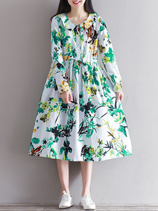 Chemise floral robe manches longues Drawstring Peter Pan Collar robe