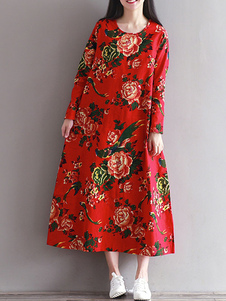 Femmes lin Maxi robe Oversized Vintage Floral robe longue imprimée