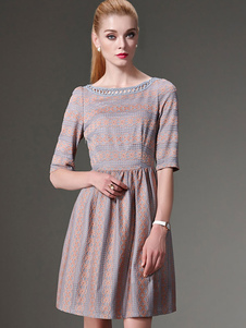 Dentelle robe automne Skater robe Chic Half Sleeve de la jeune fille