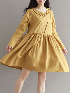 Coton robe lin mignon femmes grande taille robe manches longues Skater littéraire