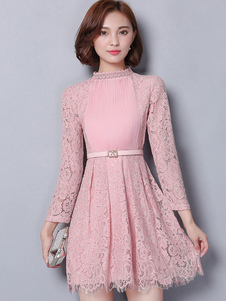 Robe en dentelle noire à manches longues avec détail de Zip et ceinture