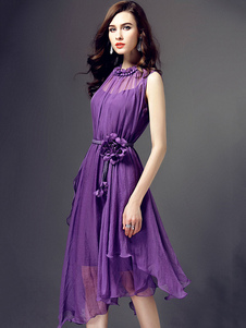 Robe en mousseline de soie sans manches avec robe Sexy semi sheer mauve Skater Sash Floral