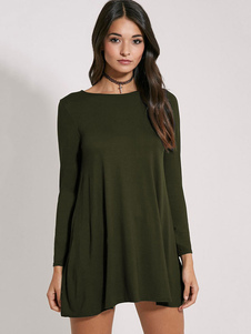 Robe chemise coton avec robe longue manches & encolure bateau Plus taille A ligne féminine