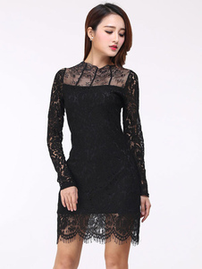 Robe en dentelle blanche dentelle Bodycon Dress Sexy manches longues semi Sheer