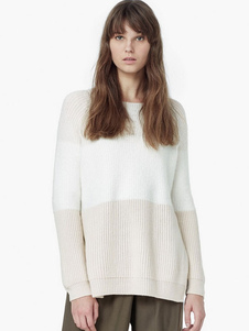 Chandails de tricot blanc contraste couleur côté fente pull décontracté chandails