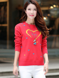 Attrayant pull féminin casual bleu imprimé coeur manches longues