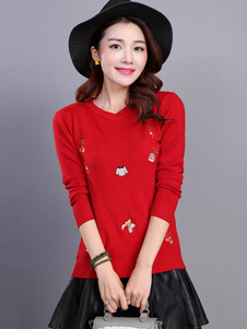 Attrayant pull féminin casual écru blanc unicolore brodé manches longues