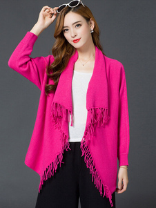 Cardigan chandail manches longues Rose rouge ouvert avant tricots de la femme avec frange