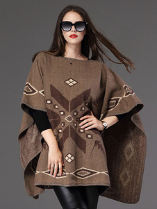 Batwing demi-manchon Jacquard Poncho élégant manteau féminin surdimensionné de manteau de coton