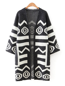 Black pull coton géométrique Cardigan avant ouvert femmes