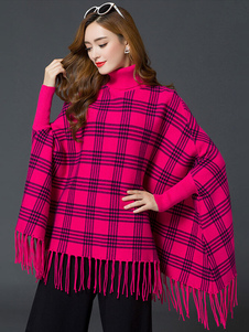 Col glands surdimensionné Dolman Sleeve Top Plaid Cape manteau féminin