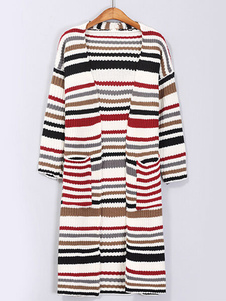 Pull femmes rayé 3/4-Length manches ouverte avant Cardigan avec poches