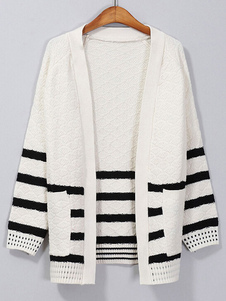 Blanc Pull rayé coton manches longues avant Cardigan ouvert féminin avec poches