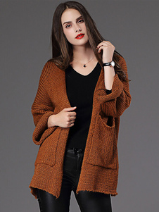 Marron tricots pull Cardigan manches longues poches féminines