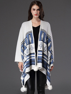 Chandail blanc Cardigan Jacquard ouvert avant haute basse Cape pull pour femmes