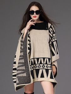 Poncho pull manches longues coton bouton des femmes géométrique surdimensionné manteau Poncho