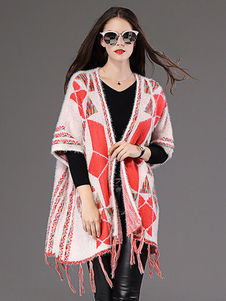 Pull coton Batwing demi-manchon Cardigan Front ouvert géométrique de la femme avec frange