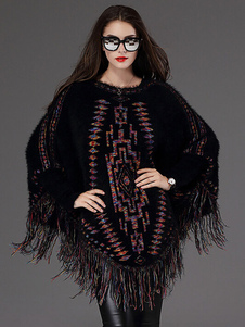 Noir Batwing glands pull oversize Jacquard pull Poncho manteau femmes