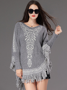 Jacquard de glands de la femme pull Poncho pull surdimensionnés haut à manches chauve-souris
