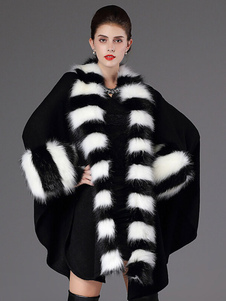 Cape noir manteau Batwing rayé fausse fourrure manteau d’hiver surdimensionné féminin