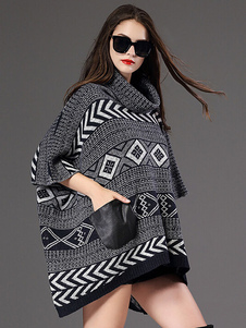 Pull chandail Batwing demi-manchon haute basse Poncho Jacquard pull femmes