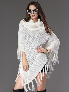 Blanc de Poncho pull Pullover pull col glands haut bas femmes