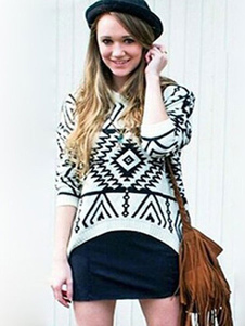 Jacquard contraste couleur haute basse Pullover chandails des chandails femmes en tricot blanc